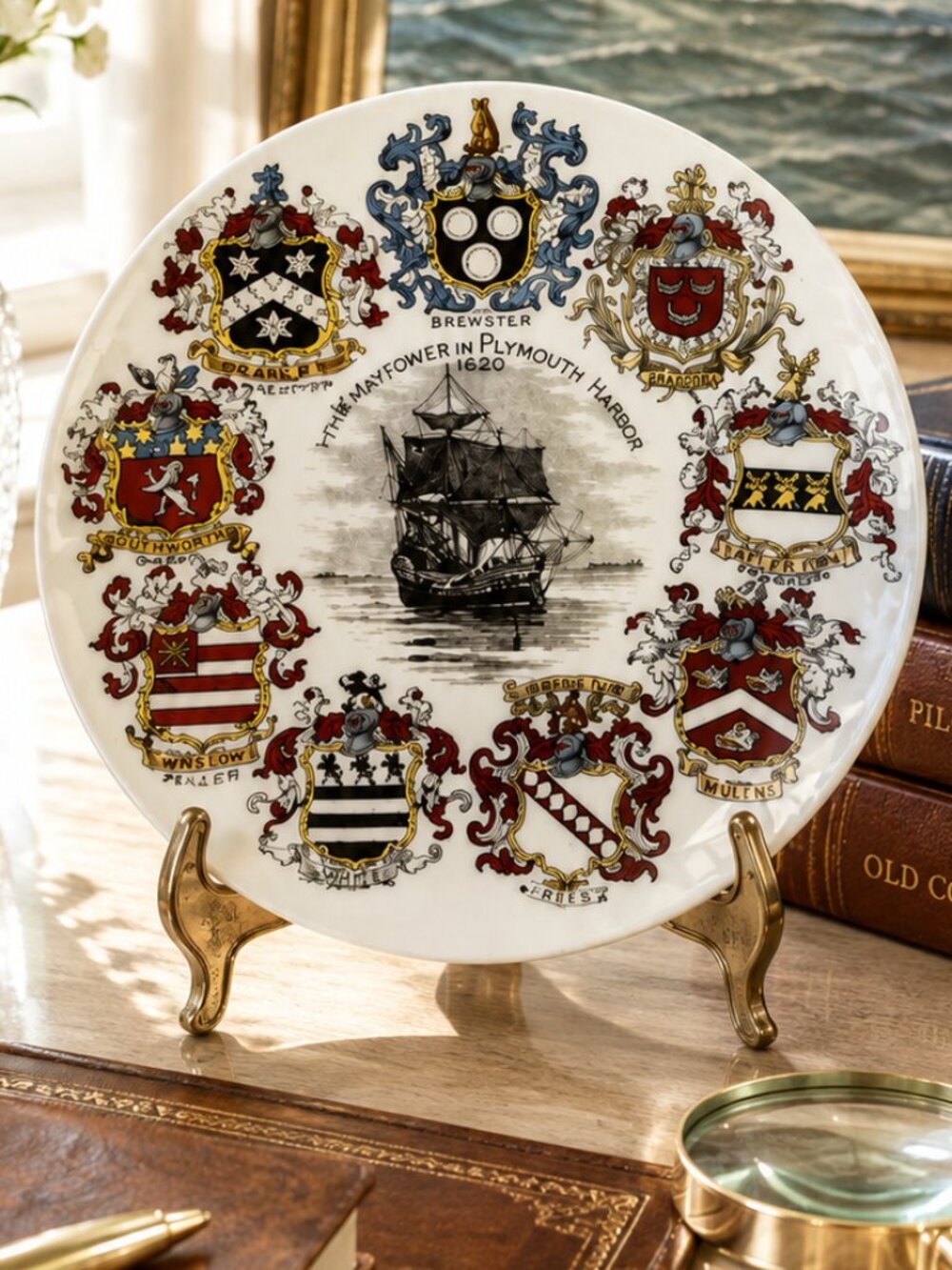 Rare Antique Souvenir Plate of Mayflower Family Coat of Arms of the 9 families